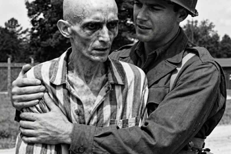Perplexed homosexual prisoners seeing German soldiers at the camp for the first time