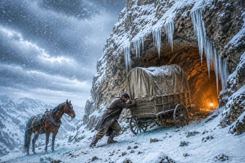 He Pulled a Wrecked Wagon Into a Rock Hollow and Sealed Every Gap — The Blizzard Never Touched Him