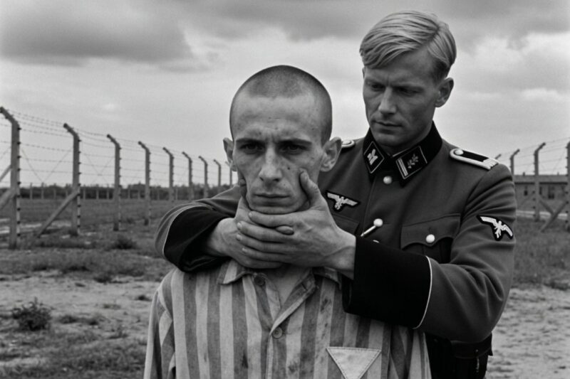 Perplexed homosexual prisoners seeing Nazi soldiers at the camp for the first time