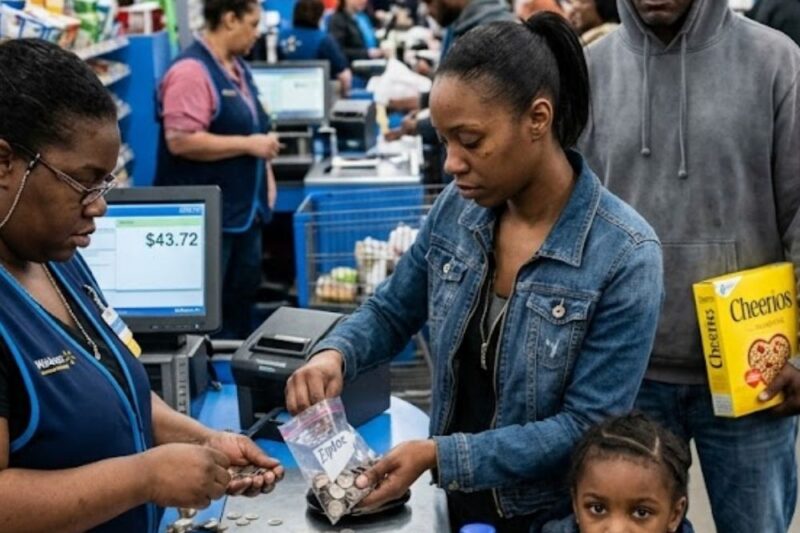 Single Mom Paid With Coins At Walmart. The Billionaire Behind Her Saw What Was In Her Cart And Froze